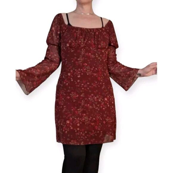 Vintage 90s Grunge Floral Mesh Babydoll Bell Sleeve Empire Waist Dress Women M - Picture 2 of 10